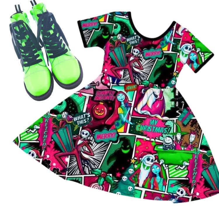 Kids + Adult--Christmas Comic Jack + friends Bamboo Twirl Dress! Christmas Magic!
