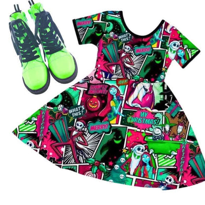 Kids + Adult--Christmas Comic Jack + friends Bamboo Twirl Dress! Christmas Magic!