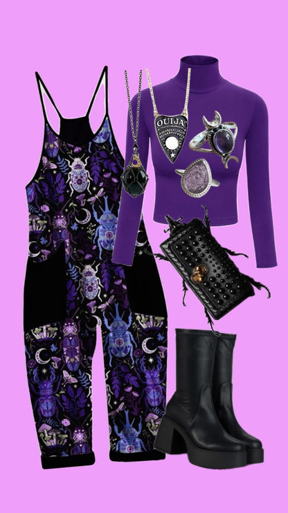 Botanica Altar Beetle Mystical Moody Purple + Black Bamboo Overalls! Mushrooms + Magic!