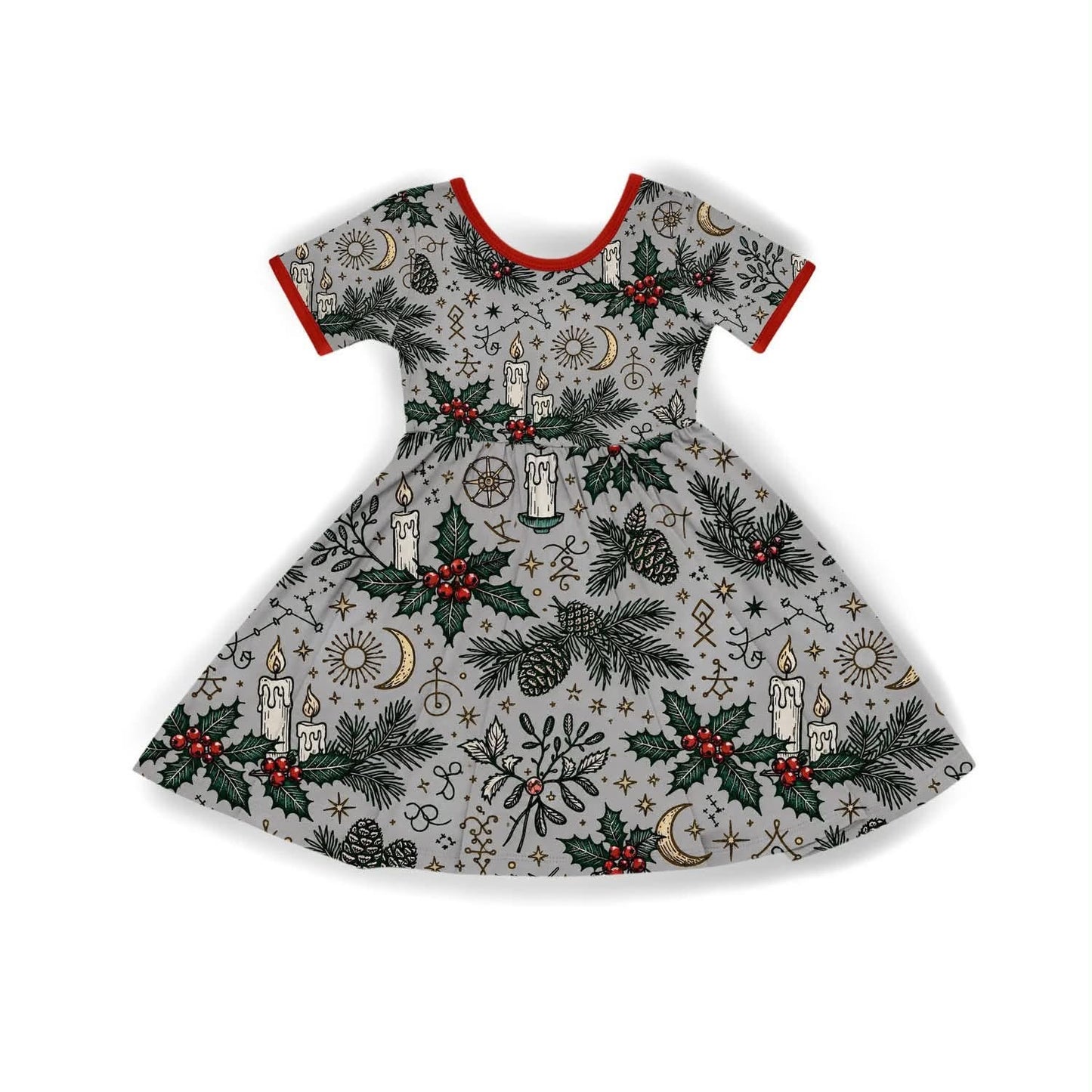 Kids + Adult--Gray Magical Yule Bamboo Twirly Dress! Celestial + Moons + Botanical! Runes!