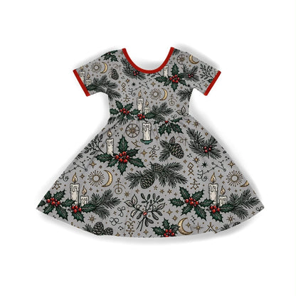 Kids + Adult--Gray Magical Yule Bamboo Twirly Dress! Celestial + Moons + Botanical! Runes!