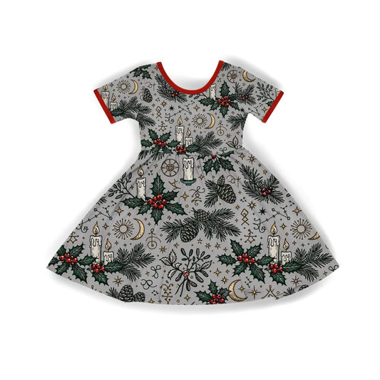 Kids + Adult--Gray Magical Yule Bamboo Twirly Dress! Celestial + Moons + Botanical! Runes!