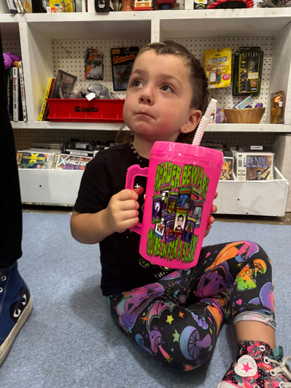 NEW PRODUCT! 90s Hot Pink "Youre in for a Scare" Retro BPA Free Plastic Traveler Mugs! Gooseeebumps