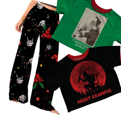 Adult:  Christmas Naughty List Bamboo Ghoulchella Pants! Skull Holly + Punk Rock Skelly Split!