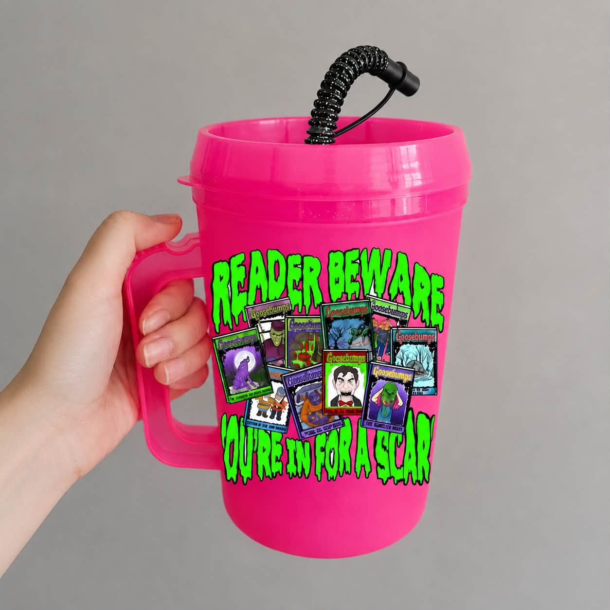 NEW PRODUCT! 90s Hot Pink "Youre in for a Scare" Retro BPA Free Plastic Traveler Mugs! Gooseeebumps