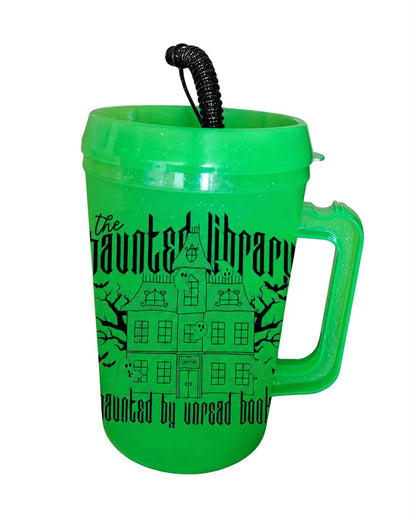 NEW PRODUCT! 90s Lime Green "The Haunted Library" Retro BPA Free Plastic Traveler Mugs!
