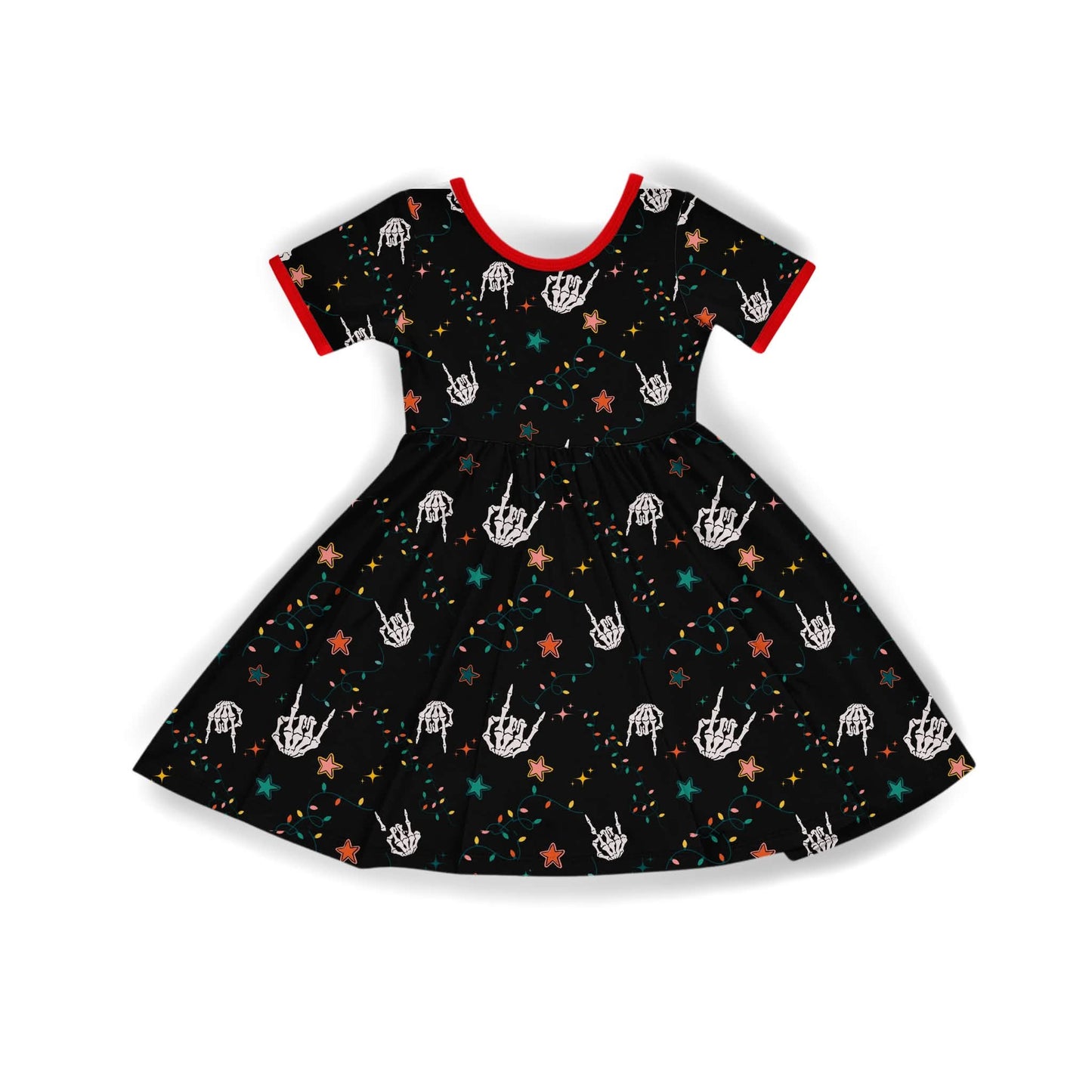 Kids + Adult--Punk Rock Festive Lights Twirl Dress! Skeleton Rock Hands + Christmas Lights!