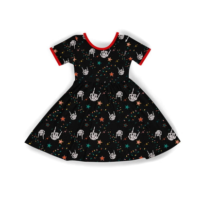 Kids + Adult--Punk Rock Festive Lights Twirl Dress! Skeleton Rock Hands + Christmas Lights!
