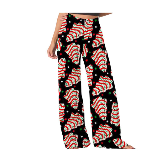 Adult:  Christmas Tree Cakes Festive Wideleg Dopamine Dressing Ghoulchella Christmas Pants