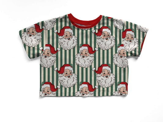 Adult + kids  - Vintage Santa Striped Nice List Bamboo Boxy Shirt! Vintage Santa + Coquette