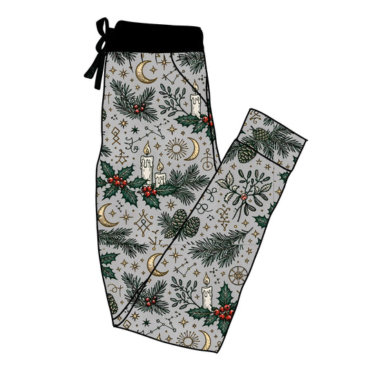 ADULT Magical + Celestial Gray Yule Bamboo Pajamas! Family Matching!  Runes + Botanical!