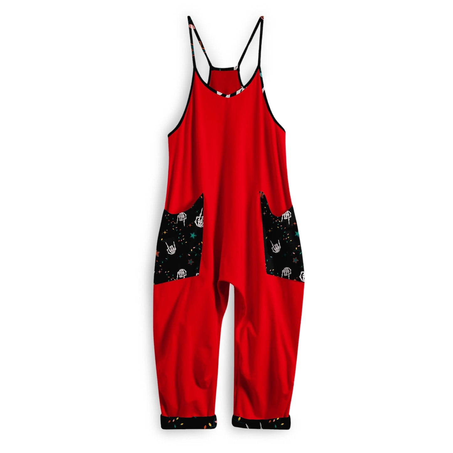 Adults + Kids Punk Red Overalls with Skelly Hands Pockets! Festive + Feral!