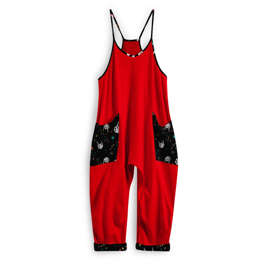 Adults Punk Red Overalls with Skelly Hands Pockets! Festive + Feral!
