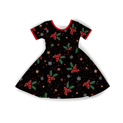 Kids + Adult--Skull Holly Spooky Christmas Bamboo Twirl Dress!
