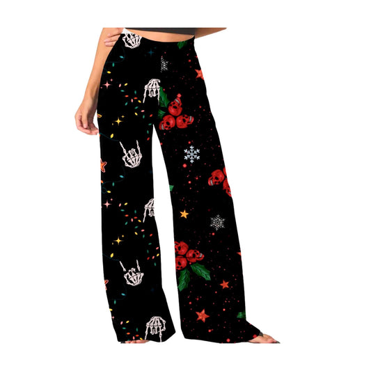 Adult:  Christmas Naughty List Bamboo Ghoulchella Pants! Skull Holly + Punk Rock Skelly Split!