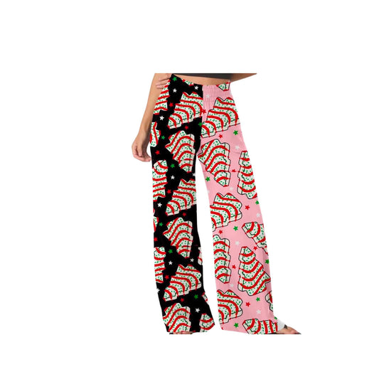 Adult:  Christmas Tree Cakes Pink + Black Festive Wideleg Dopamine Dressing Ghoulchella Christmas Pants PINK/BLACK