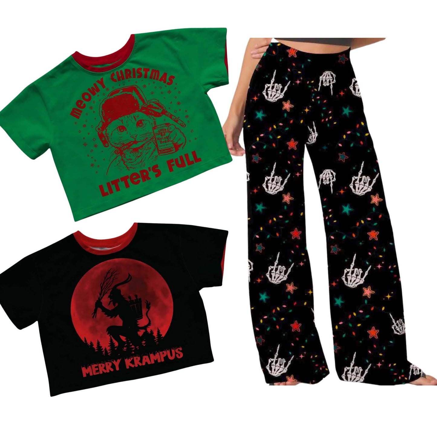 Adult:  Christmas Naughty List Bamboo Ghoulchella Pants! Skull Holly + Punk Rock Skelly Split!
