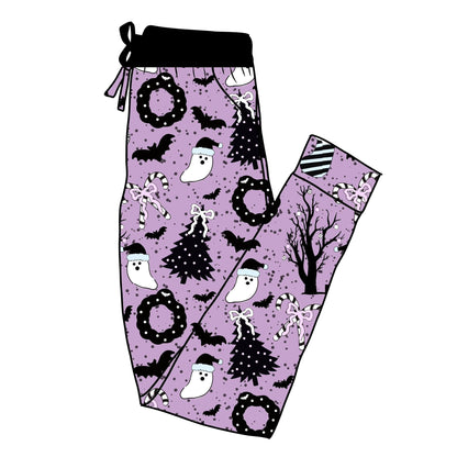 ADULT-- Purple Christmas Spirits Spooky Christmas Burton Bamboo Joggers! Bats + Black/White!