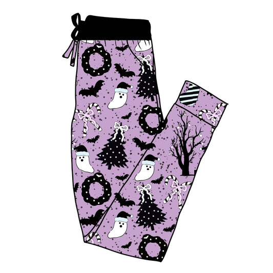 ADULT-- Purple Christmas Spirits Spooky Christmas Burton Bamboo Joggers! Bats + Black/White!