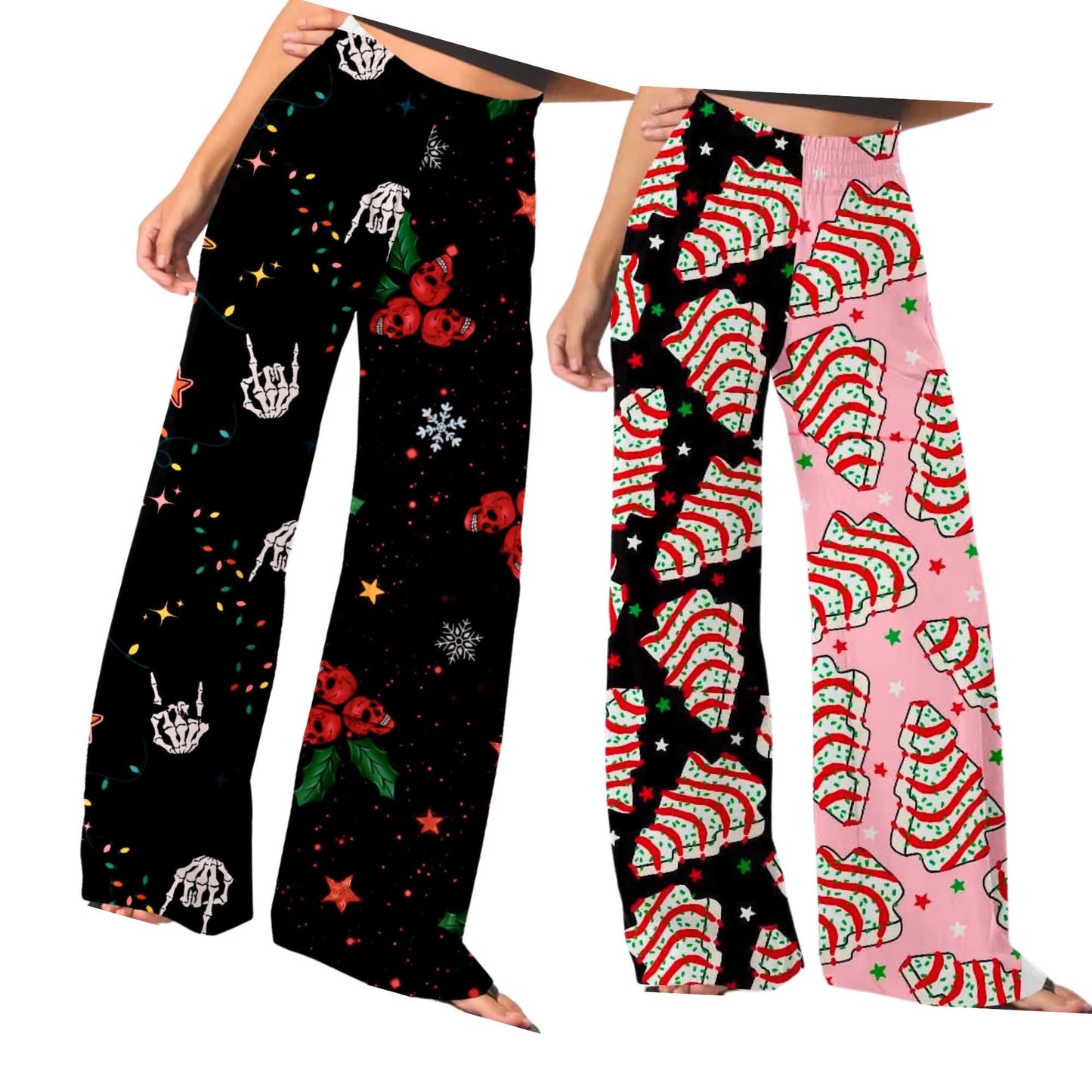 Adult:  Christmas Tree Cakes Pink + Black Festive Wideleg Dopamine Dressing Ghoulchella Christmas Pants PINK/BLACK