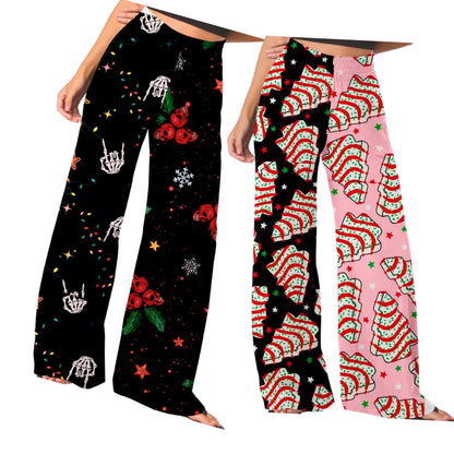 Adult:  Christmas Tree Cakes Pink + Black Festive Wideleg Dopamine Dressing Ghoulchella Christmas Pants PINK/BLACK