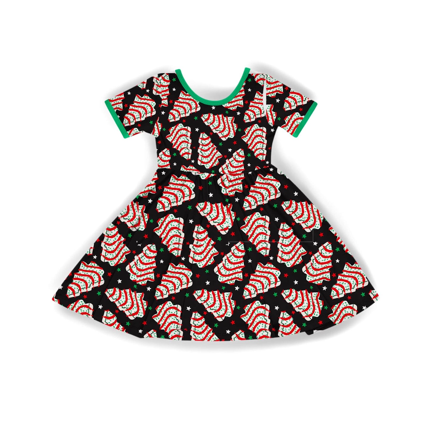 Kids + Adult--Black Festive Christmas Tree Cakes Bamboo Holiday Dress! Nostalgia!