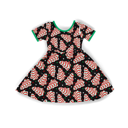 Kids + Adult--Black Festive Christmas Tree Cakes Bamboo Holiday Dress! Nostalgia!