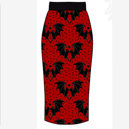 Adult-  NEW ITEM Bamboo Lovers Bats Red + Black Midi Skirt! Comfy + Yoga Waistband!