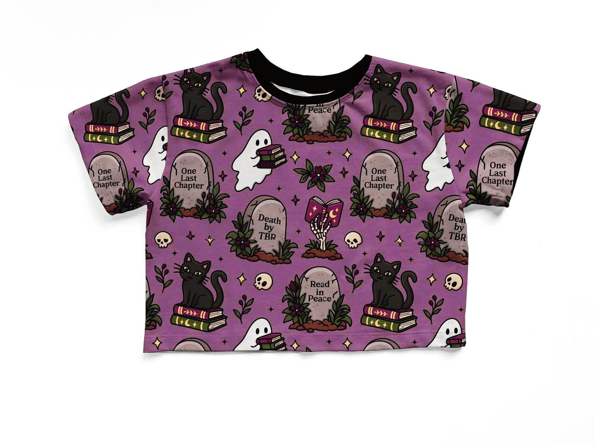 Kids + Adult Spooky Bookish Purple Ghostie + Skeleton Hand Death by TBR Bamboo Boxy Shirt!