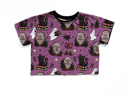 Kids + Adult Spooky Bookish Purple Ghostie + Skeleton Hand Death by TBR Bamboo Boxy Shirt!