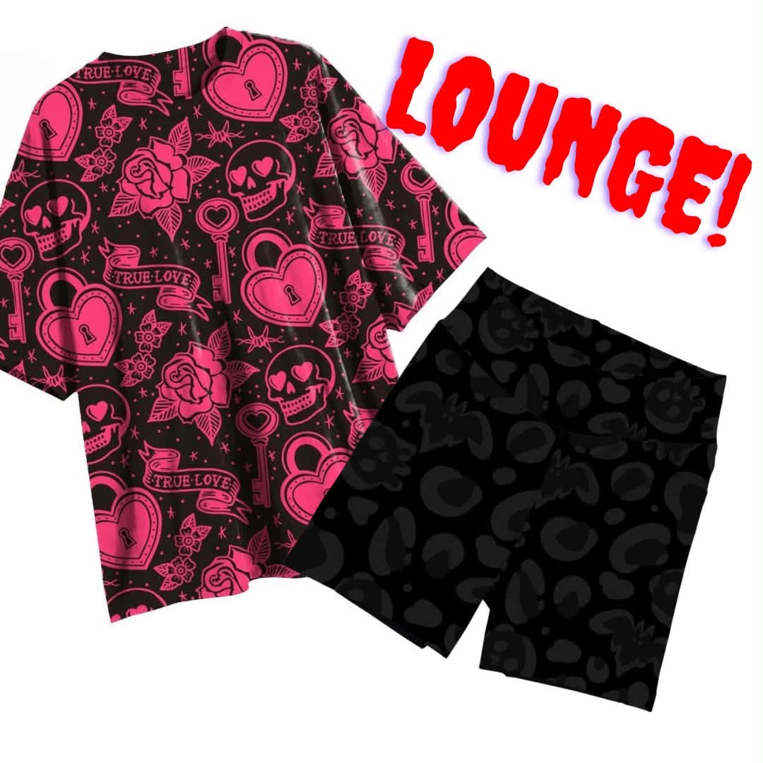Adult Trad Lounge Bamboo Shirt. Long + Flowy! Side Slits. Oversized! Pink + Black Skulls/ Goth Ghoul!