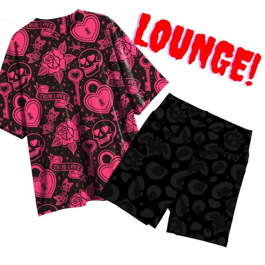 Adult Trad Lounge Bamboo Shirt. Long + Flowy! Side Slits. Oversized! Pink + Black Skulls/ Goth Ghoul!