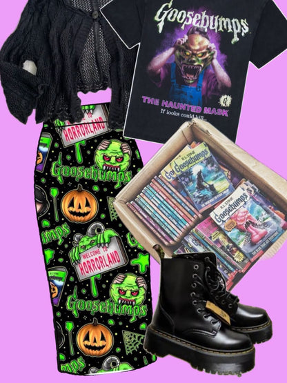 Adult-  Spooky Dopamine Goosybumps Bamboo Midi Skirt! Goth Maximalism!!