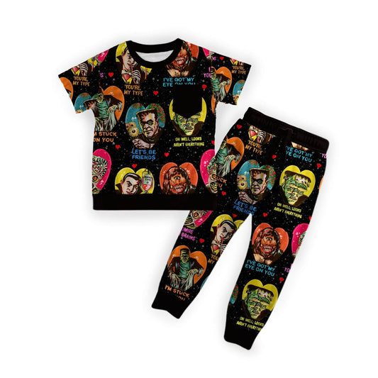 New KIDS  Retrocore 66 Monsters Pocket Tshirt + Jogger Set! Unisex! Frank + Drac+ Spooky Sayings!