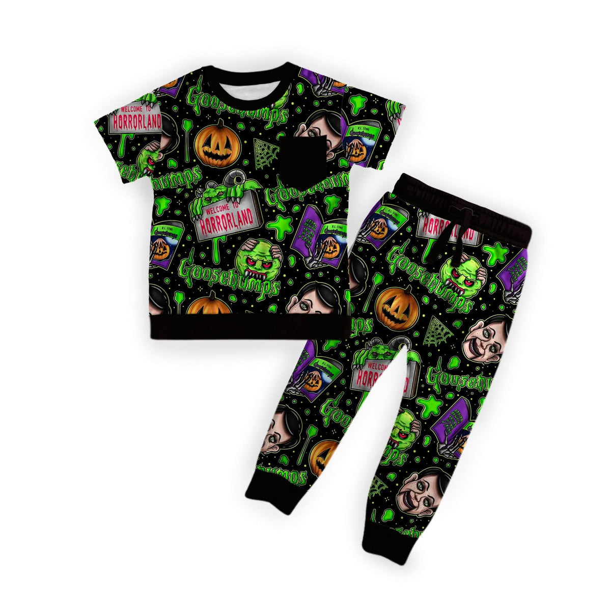 New KIDS  Horrorland Goosybumps Two Piece Retro Bamboo Terry Jogger + Pocket Tshirt set! Scary Stories!
