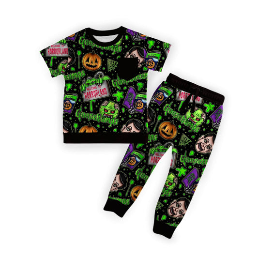 New KIDS  Horrorland Goosybumps Two Piece Retro Bamboo Terry Jogger + Pocket Tshirt set! Scary Stories!