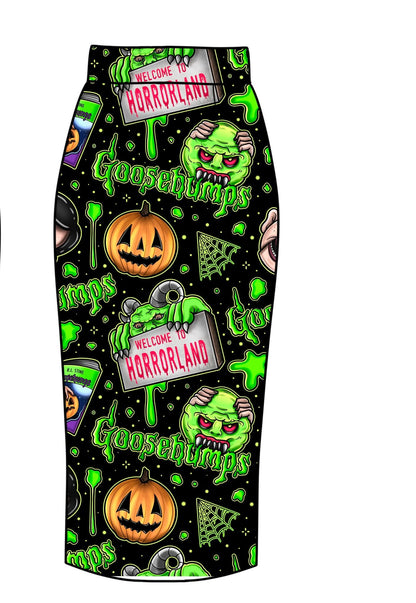 Adult-  Spooky Dopamine Goosybumps Bamboo Midi Skirt! Goth Maximalism!!