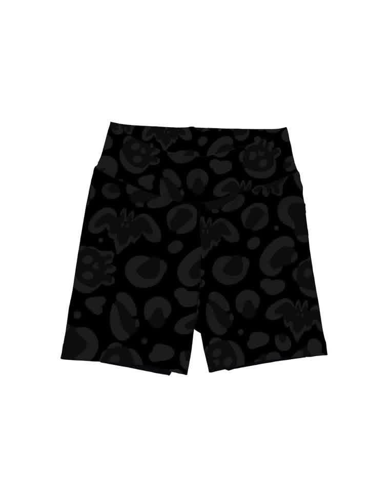 Adult: Spooky Ghoul Black Basic Biker Shorts! Cotton + Bamboo Blend! Yoga waistband! Skulls + Bats + BLACK!