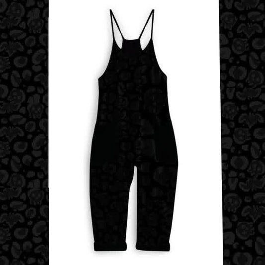 Adults Black Spooky Ghoul Animal Print Overalls! Oversized + comfy! Skulls + bats + Minimal black!
