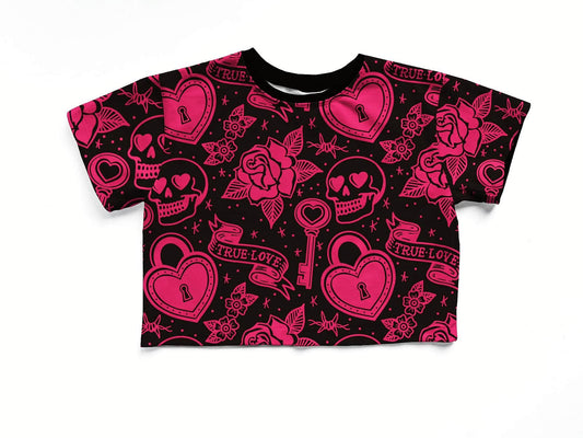 Kids + Adult Trad True Love Skulls Bamboo Boxy Shirt! Hot Pink + Black! Mad Love Boxy! Not Cropped!