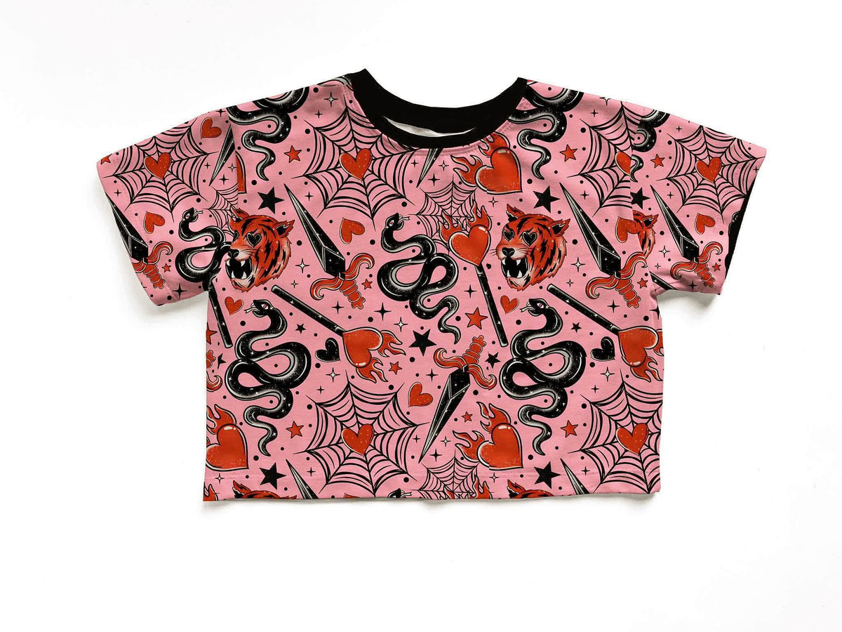 Adult Light Pink Trad Tattoo Boxy Shirt! Snakes + Dopamine Dressing! NOT CROPPED! RAWRRR