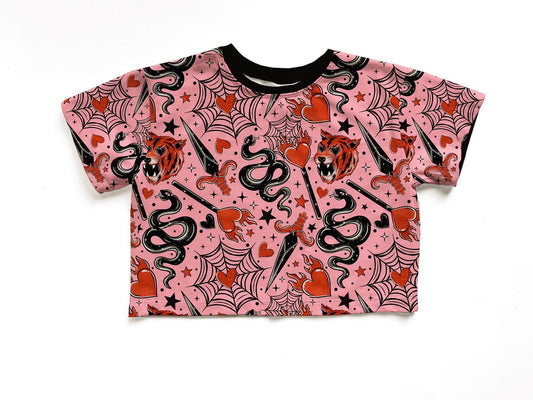 Adult Light Pink Trad Tattoo Boxy Shirt! Snakes + Dopamine Dressing! NOT CROPPED! RAWRRR