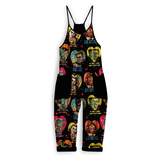 Adults 1966 Retrocore Monsters Bamboo Overalls! Flowy + Magical! Frank + Drac + Cyclops! Retro Spooky Sayings!