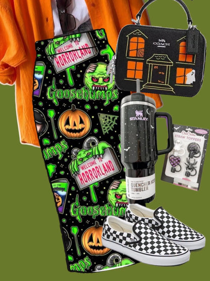 Adult-  Spooky Dopamine Goosybumps Bamboo Midi Skirt! Goth Maximalism!!