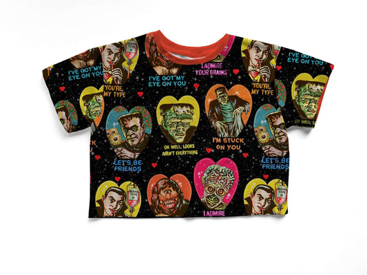 Adult- Retro 1966 Monster Sticker Bamboo Boxy Shirt! Frank + Drac + More! Not Cropped.