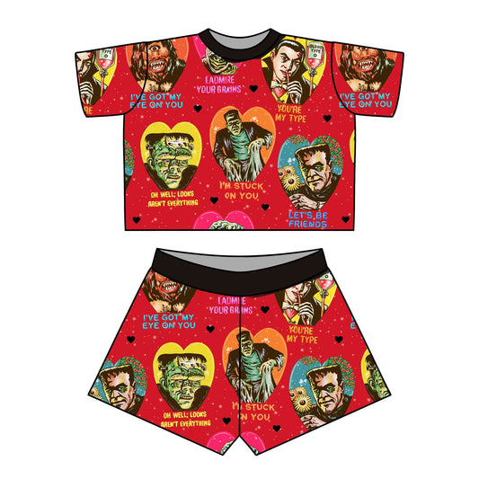 Adult 1966 Red Bamboo Monster Boxer + Boxy Shorts Set! Gothic Ghoul! Spooky Sayings! Comfy