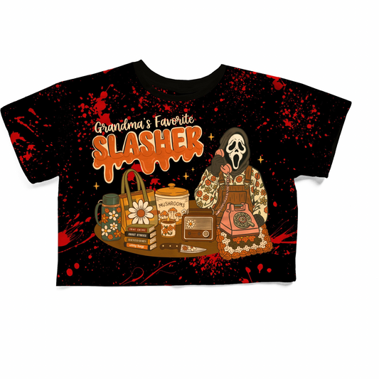 Adult Grandma's Favorite Killer Scream Ghostie Face Mid Century 1970s Mushrooms Bamboo Boxy Shirt!