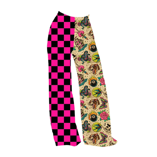 Adult: Neon Trad Tattoo + Black + Hot Pink Check Colorblock Wide leg Bamboo Pants! Summerween Magic! 3 Inseams!