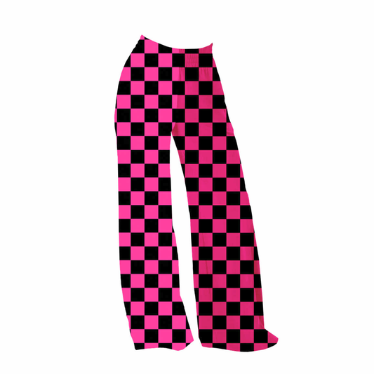 Adult:  Solid Hot Pink Check +y2K Girl Wide Leg Bamboo Pants! Summercore!