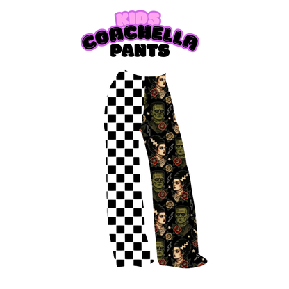 KIDS:  Franken Spooky Bride Bamboo SPLIT Black Check + Franken Wide Leg Retro Pants! Goth KIDS!